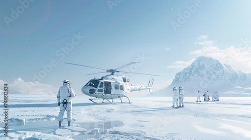 a white helicopter against the backdrop of the vast, snow-covered landscape of the North Pole on a bright and sunny day, with a group of women dressed in simple white clothing boarding the helicopter.