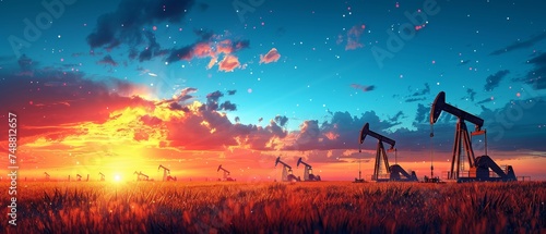 An oil pump field on a blue background. Digital extraction, Gas market, Well drilling, Petroleum production, Fossil fuel, Oilfield crisis, Energy economy, War constriction, Oil refinery, Black gold