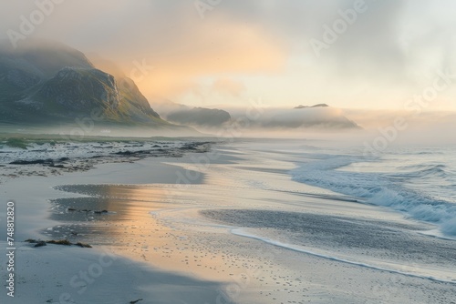 At sunset, summer fog hides Bunes beach on the Lofoten Islands, Norway photo