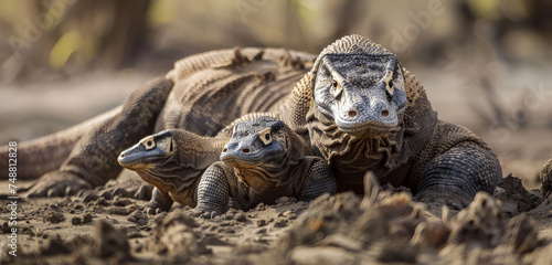 Adult Komodo dragon with its juveniles, showcasing the protective nature of these formidable reptiles. © Jan