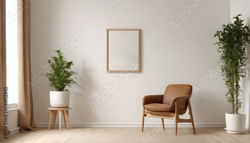 vertical wooden poster frame mock up in living room interior, minimal modern living room interior background