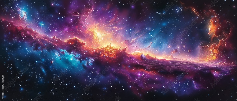Science fiction wallpaper depicting cosmic art. Billions of galaxies in the universe.  - obrazy, fototapety, plakaty 