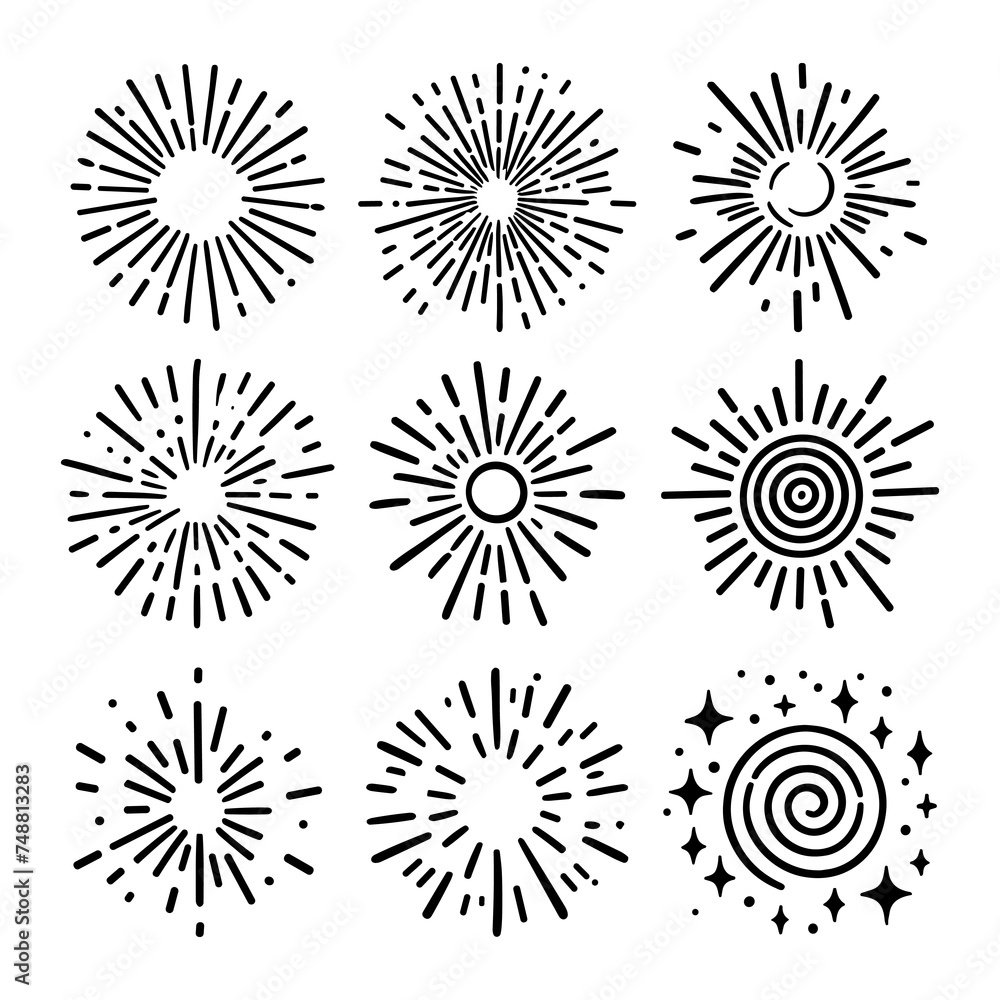 Sunburst fun burst element star vector doodle set. Starburst circle shine spark sun ray doodle vector set Sunburst fun burst element star vector doodle set. Starburst circle shine spark sun ray doodle vector set