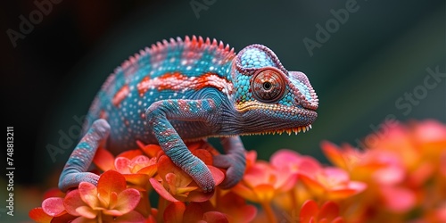 A close-up portrait of a colorful chameleon  its vibrant scales blending into the lush foliage.