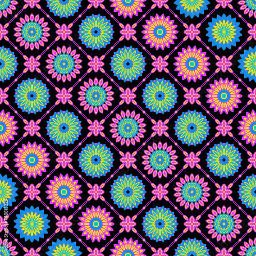 Endless ornament of colorful floral geometric patterns on black background.