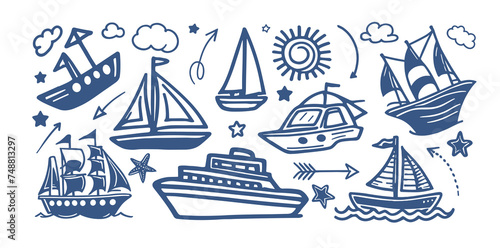 Ship doodle drawing boat trip set. Ship boat cruise sail yacht travel vector blue set