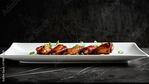 a long rectangular white plate featuring succulent chicken wings coated White Barbeque Sauce, perfectly arranged and garnished with freshly chopped green onions.