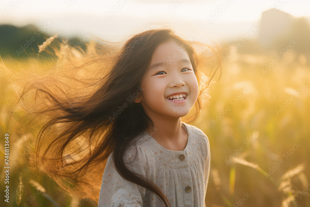 Smiling Asian little girl standing in a sunny blurred background field Smiling Asian little girl standing in a sunny blurred background field