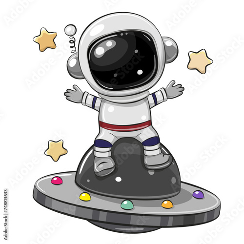 Cartoon astronaut on the flying saucer © reginast777