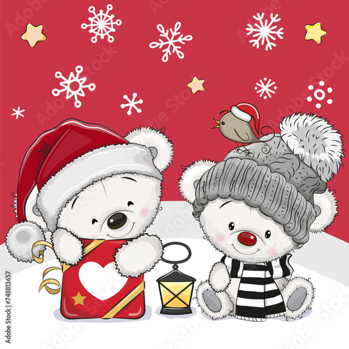 Christmas card with Two Cartoon Polar Bears on a red background