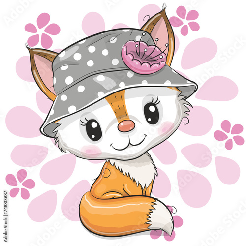 Cartoon Fox in panama hat on a flower background © reginast777