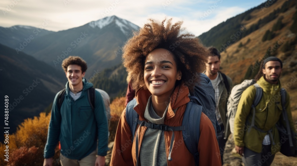 A diverse Group of multiracial Friends, young Men and Women are hiking against the backdrop of Snowy high mountains. Travel, Adventure, Active Tourism, Hiking, Summer Vacations, concepts.