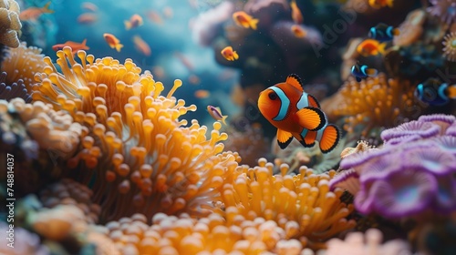 In the depths of the ocean, amidst the colorful sea anemones, a lively clownfish cautiously pokes its head out from its symbiotic dwelling.