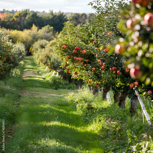 Apple orchard in summer and spring, with trees bearing ripe fruit, under a blue sky Nature's bounty in a lush garden, filled with greenery and red apples, symbolizing agriculture and seasonal abundanc