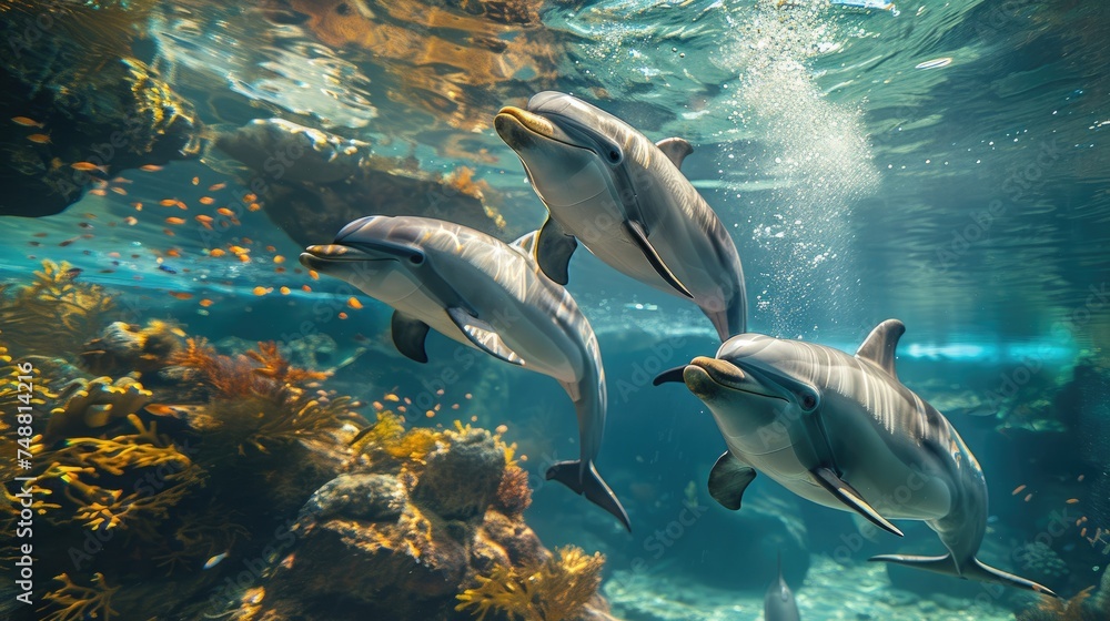 Among the vibrant coral reef bustling with fish, a pod of dolphins glides gracefully through the sunlight that filters down, painting a mesmerizing underwater tableau. - obrazy, fototapety, plakaty 