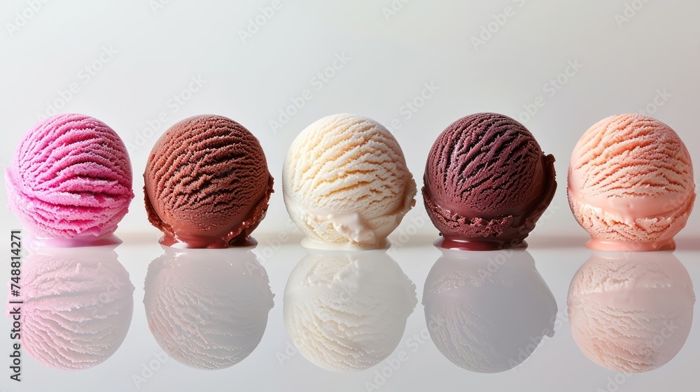Assorted gourmet ice cream scoops with rich texture and flavor on reflective surface Assorted gourmet ice cream scoops with rich texture and flavor on reflective surface