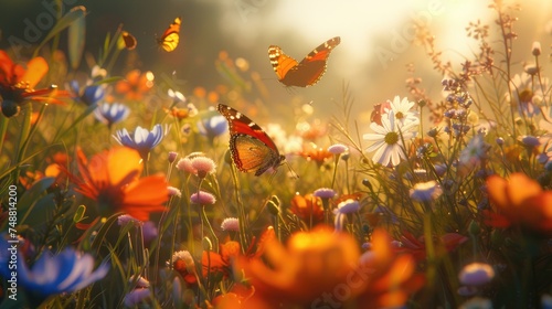 Surrounded by a gentle blur of floral hues  butterflies engage in a graceful dance with water droplets on a serene surface  evoking a sense of tranquility.