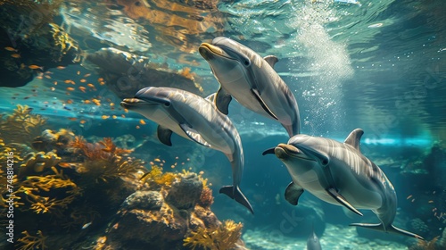 Among the vibrant coral reef bustling with fish  a pod of dolphins glides gracefully through the sunlight that filters down  painting a mesmerizing underwater tableau.