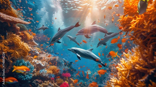 A pod of dolphins swims elegantly among a burst of sunlight filtering through the vibrant coral reef teeming with fish.