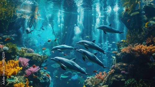 In the midst of the teeming coral reef alive with fish, a pod of dolphins moves elegantly through the rays of sunlight, adding a touch of grace to the vibrant underwater world. © HappyFarmDesign