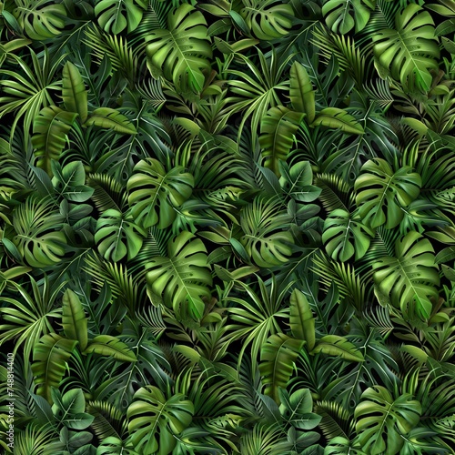 Dense  lush green tropical leaves in a seamless pattern