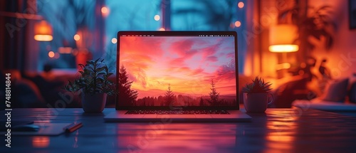 The mockup features a blank screen on a desk against a background of furniture. It's a vector open laptop front view. The photo is a photo of a gaming laptop on a desk against a background of