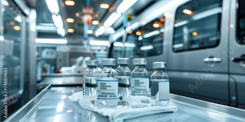 vaccine transport, bottle of medicine in the ambulance car  photo