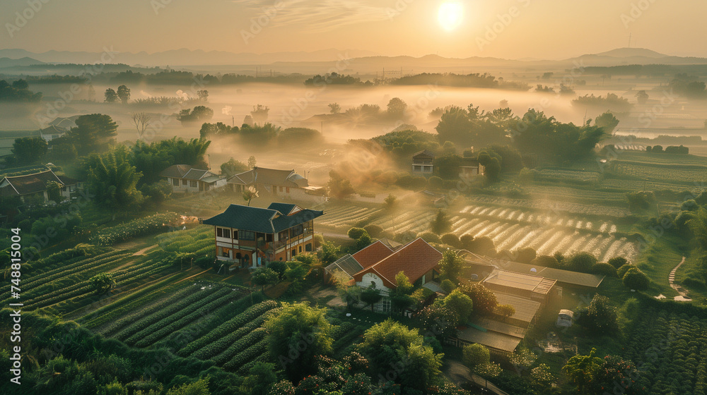 Naklejka premium Aerial photograph rural landscape farms villages picturesque green patchwork pasture. aerial view of a village, Aerial photograph rural landscape farms villages picturesque green patchwork pasture.