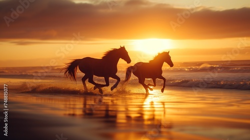 Two horses raced on the beach at sunset
