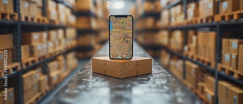 An online logistics concept shows tracking delivery of an order in an app on your phone. It shows location of the courier on a map on your phone's display. A shipping box is displayed with the photo