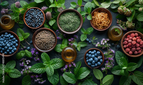 Various fresh herbs and berries with bowls of spices and olive oil on dark background photo