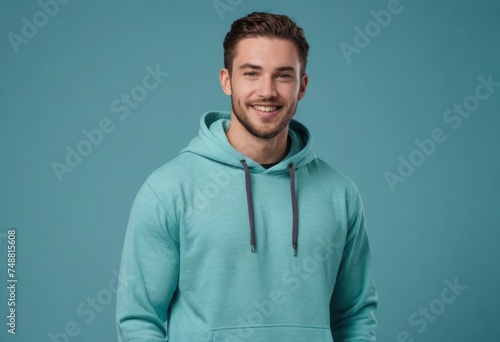 A bearded man in a teal hoodie gives a soft smile. His relaxed posture and the hoodie imply a comfortable, laid-back style. © kotlyarn
