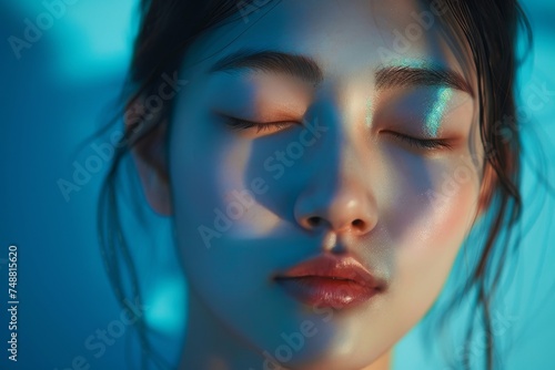 A close-up of a woman with her eyes shut  showcasing peacefulness and inner reflection.