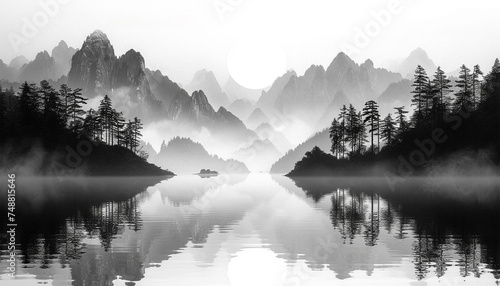 Traditional Chinese ink wash painting depicting tranquil mountains reflected in the still waters of a serene lake. Traditional oriental ink painting monochrome lake and mountains