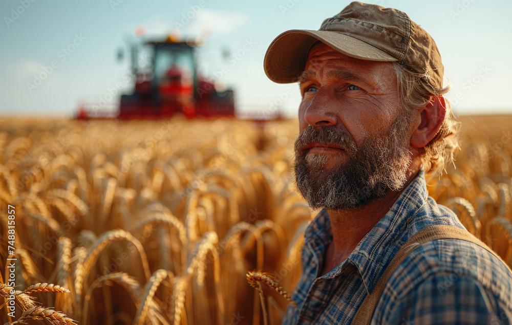 Farmer standing in wheat field looking at combine harvester in the background Farmer standing in wheat field looking at combine harvester in the background