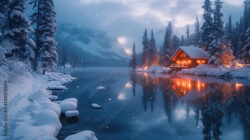 Beautiful view of Emerald Lake with snow covered and wooden lodge glowing in rocky mountains and pine forest on winter at Yoho national park.
