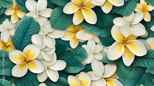 3d plumeria floral flowers seamless repeat pattern, floral pattern, flower paper art, natural colors, detailed foliage. photo