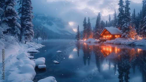 Beautiful view of Emerald Lake with snow covered and wooden lodge glowing in rocky mountains and pine forest on winter at Yoho national park. © MUCHIB