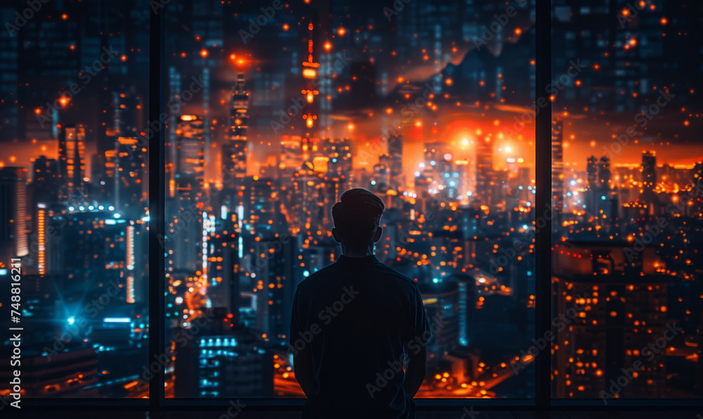Man is standing near the window on night metropolis background. Man is standing near the window on night metropolis background.