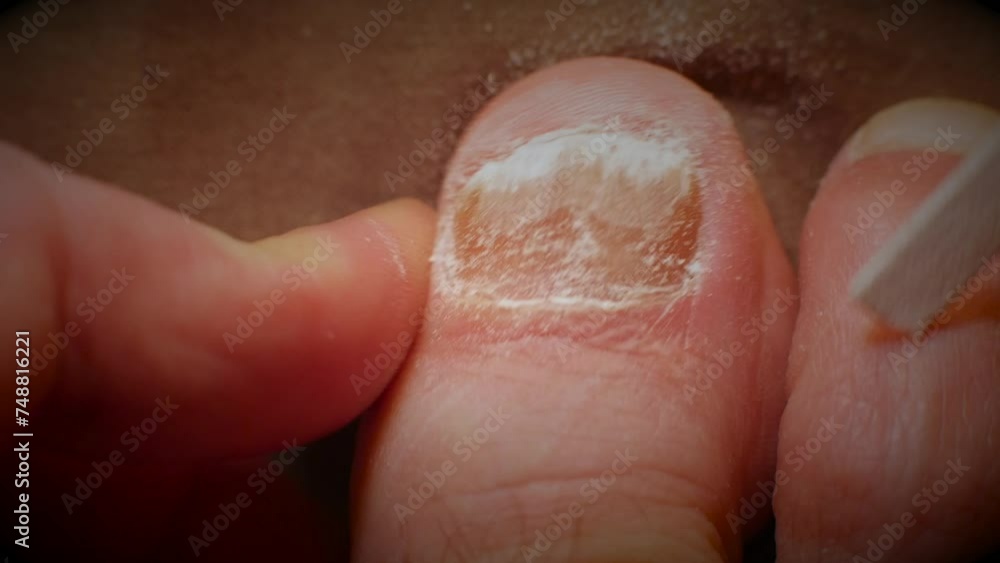 Eagerly filing down big toe nail with fungal infection in macro shot. Eagerly filing down big toe nail with fungal infection in macro shot.