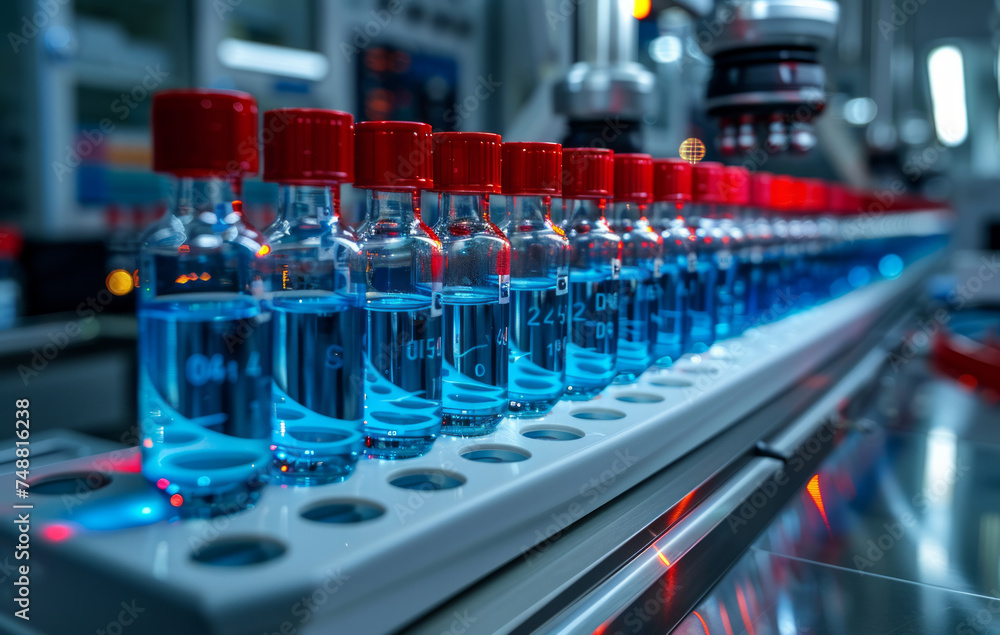 Bottles with blue liquid on the conveyor line in the factory Bottles with blue liquid on the conveyor line in the factory