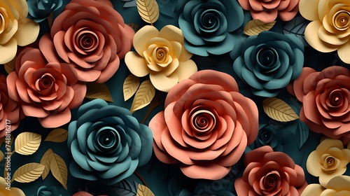3d rose floral flowers seamless repeat pattern, floral pattern, flower paper art, in the style of light peach and dark teal polish folklore motifs, detailed foliage photo