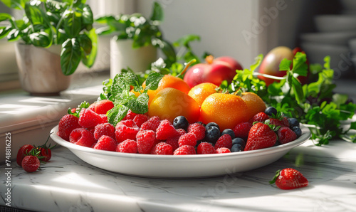 Fresh berries and fruits on the table in the sunlight