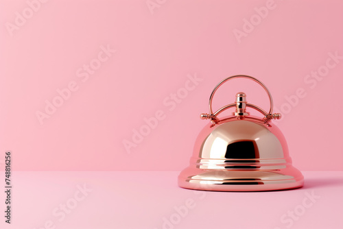 Pink metal bell ring alarm service on pink backgroundPink metal bell ring alarm service on pink background