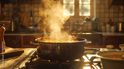 A steaming pot of soup simmers on a stove in a rustic kitchen, casting a warm aroma throughout the room.