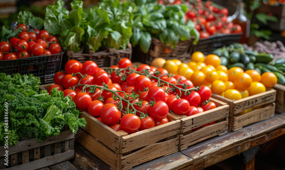 Fresh tomatoes and other vegetables on market stall Fresh tomatoes and other vegetables on market stall