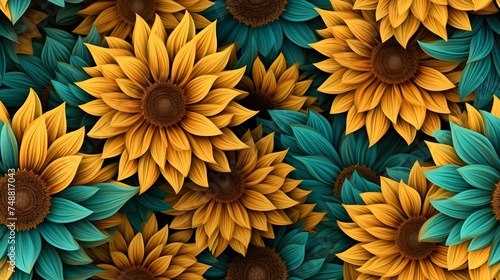 3d sunflower floral flowers seamless repeat pattern, floral pattern, flower paper art, in the style of light peach and dark teal polish folklore motifs, detailed foliage