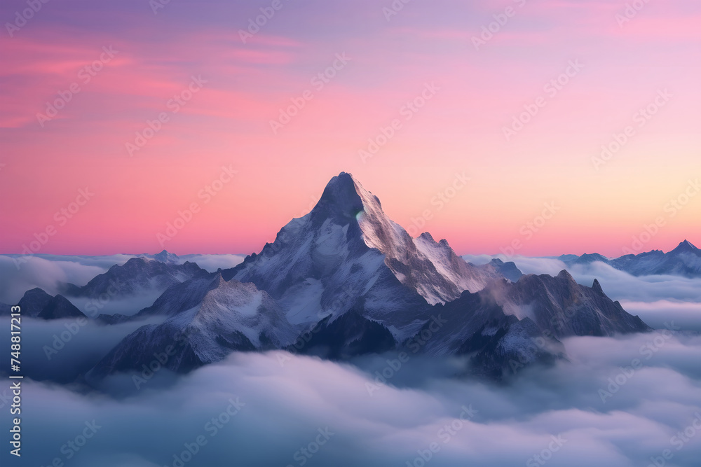  majestic mountain peak rising above a sea of clouds, bathed in the soft hues of dawn or dusk. The central focus is on a prominent mountain peak that stands tall amidst surrounding peaks