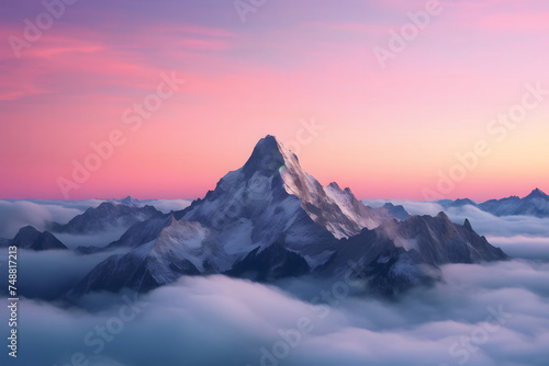  majestic mountain peak rising above a sea of clouds  bathed in the soft hues of dawn or dusk. The central focus is on a prominent mountain peak that stands tall amidst surrounding peaks