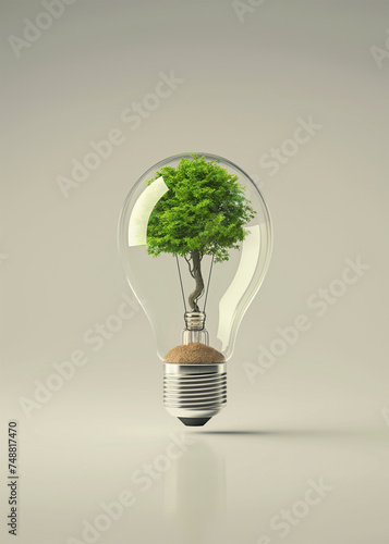 Green alternative energy concept, tree in a light bulb, reasonable consumption and ecology, bright style
